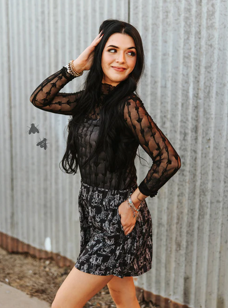 Lariat Lace L/S Mesh Top * Midnight